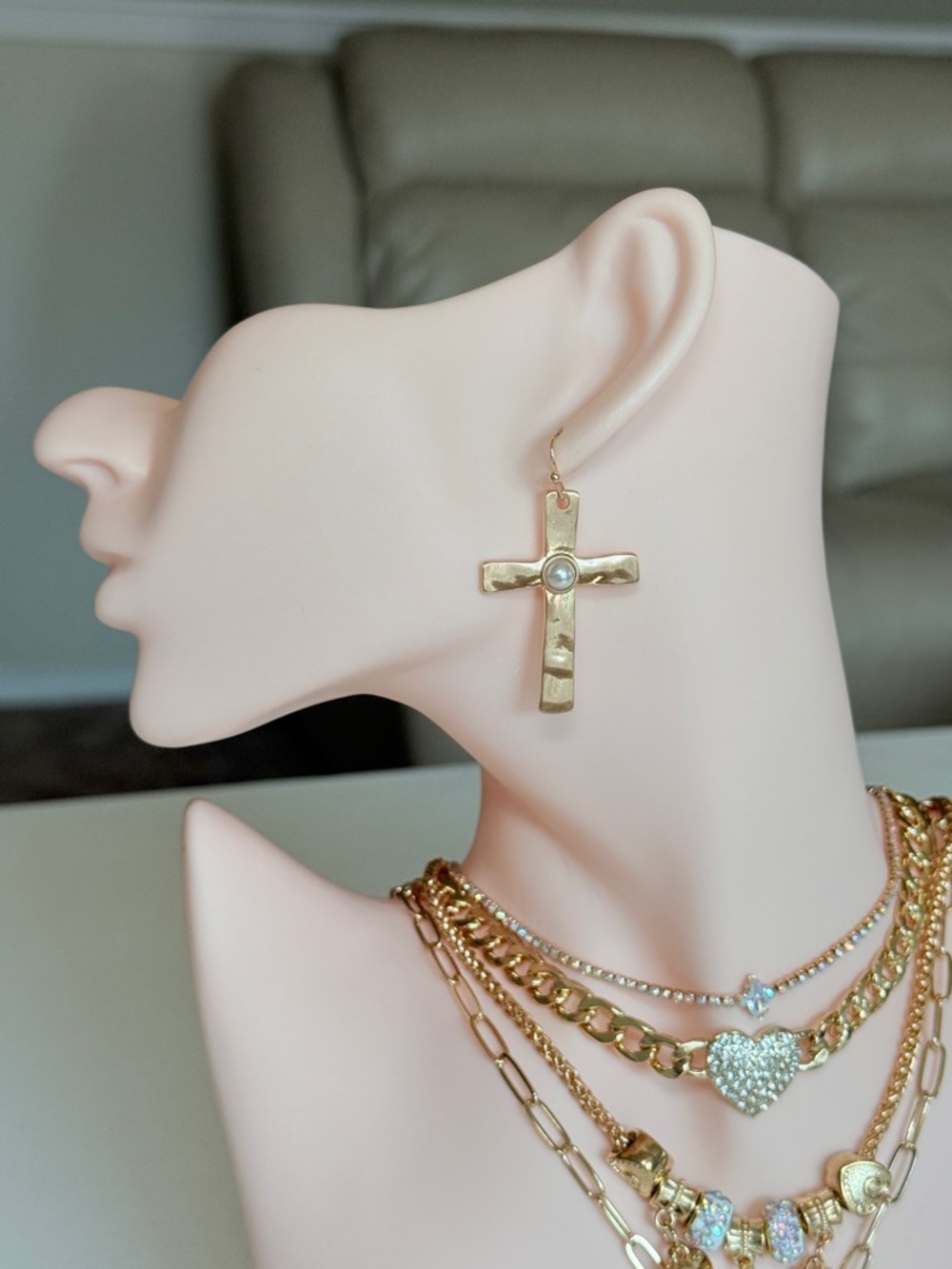 Gold Cross Dangle Earring with Pearl Accent